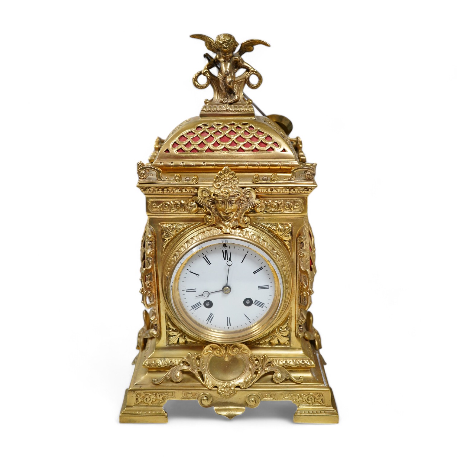 A 19th century French ormolu clock, striking on a bell, 34cm high. Condition - good